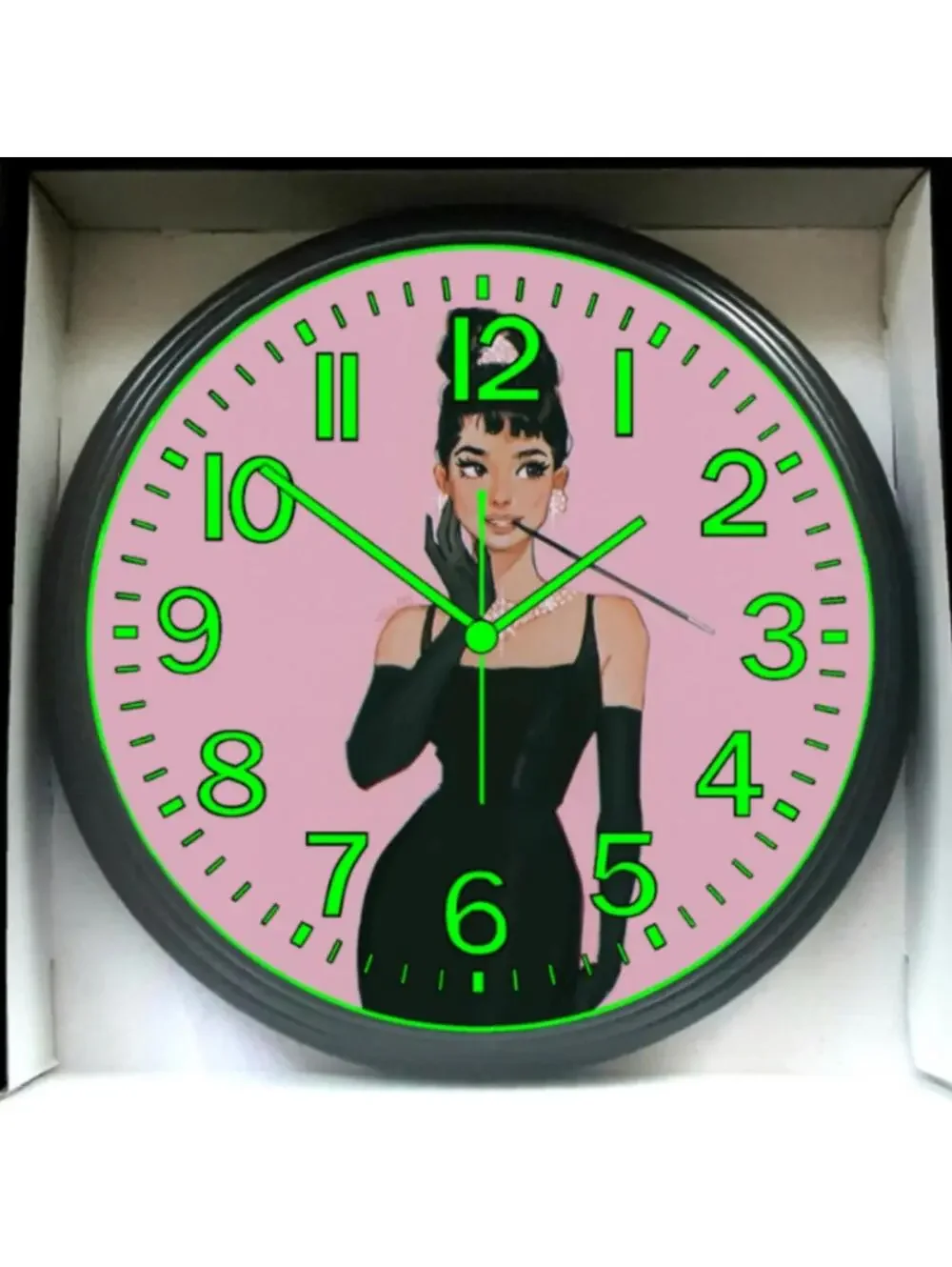 Audrey Hepburn Mid-Century modern Inspired Glow In Dark Retro Wall Clock New!